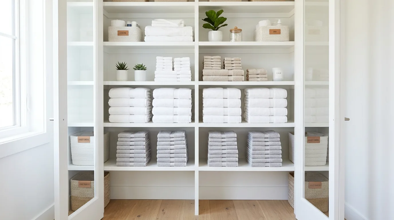 Use bins for toiletries and overflow supplies inspiration for a linen closet.